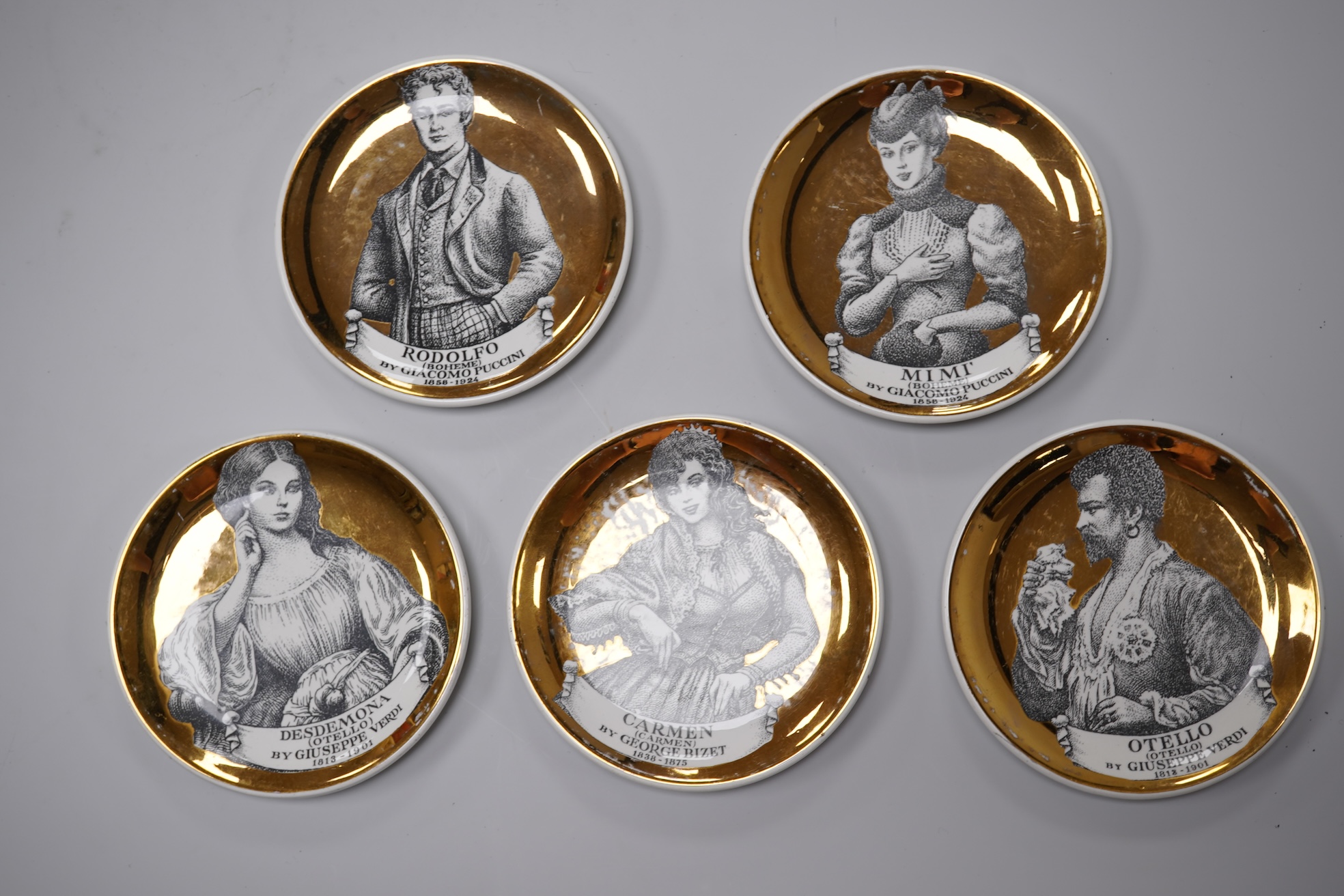 Fornasetti, a group of five operatic coasters, ‘Melodramma’ to include Otello and Desdemona, 10cm in diameter
